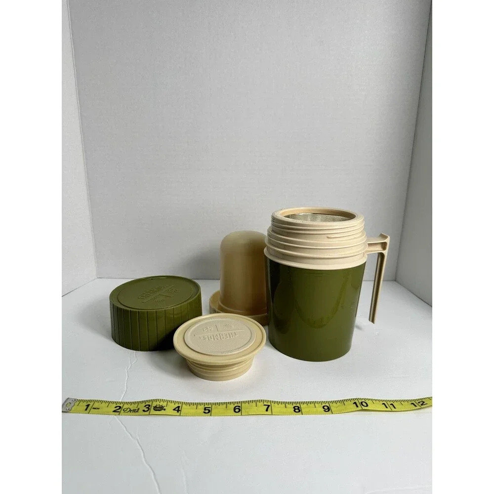 Thermos Orange Model 7002 Hot/Cold Vacuum Jar Glass Lined 10 oz Green Vintage